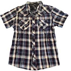 Monarchy Collection Mens XL Blue Plaid Causa Mortis Gothic Embroidered Shirt